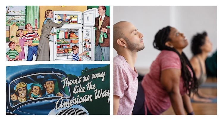 Images &eacute;voquant l'american way of life &agrave; gauche et une m&eacute;ditation "orientalisante" &agrave; droite