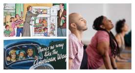 Images &eacute;voquant l'american way of life &agrave; gauche et une m&eacute;ditation "orientalisante" &agrave; droite