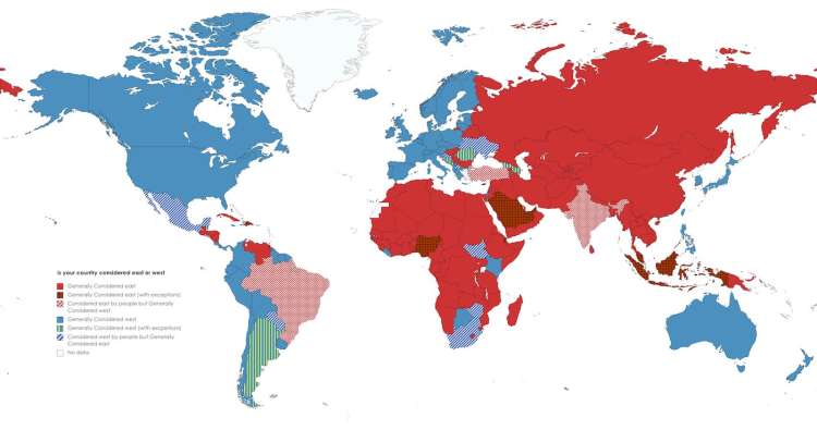 Cartes de pays qui se consid&egrave;rent comme faisant partie de l'Occident (Ouest) ou plut&ocirc;t de l'Orient (Est)