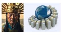 &Agrave; gauche l'image d'un empereur chinois &eacute;voquant le "mandat du ciel" et &agrave; droite un globe terrestre entour&eacute; de dollar, &eacute;voquant la pr&eacute;dation anglo-saxone