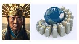 &Agrave; gauche l'image d'un empereur chinois &eacute;voquant le "mandat du ciel" et &agrave; droite un globe terrestre entour&eacute; de dollar, &eacute;voquant la pr&eacute;dation anglo-saxone