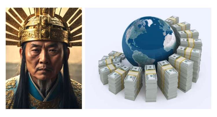 &Agrave; gauche l'image d'un empereur chinois &eacute;voquant le "mandat du ciel" et &agrave; droite un globe terrestre entour&eacute; de dollar, &eacute;voquant la pr&eacute;dation anglo-saxone