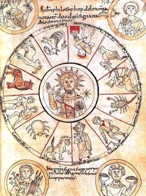 Le soleil entour&eacute; par les signes du zodiaque. Manuscrit du 11&egrave;me si&egrave;cle.